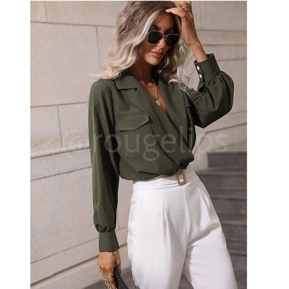Army Green Bodysuit V-Neck Surplice Long Sleeve Buttoned Pockets - Picture 4 of 9